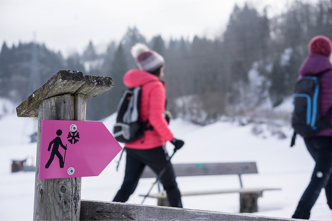 Es liegt Schnee. Ein pinkes Wanderschild, das auf einen Weg zeigt, auf dem zwei Frauen laufen.