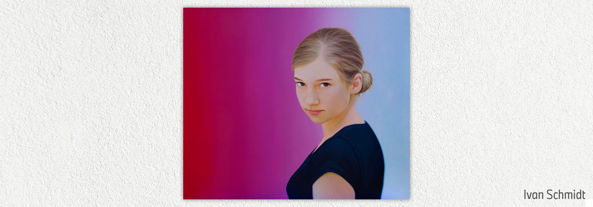 Gemälde des Oberkörperts eines Mädchens mit blonden Haaren und schwarzem T-Shirt von Ivan Schmidt.